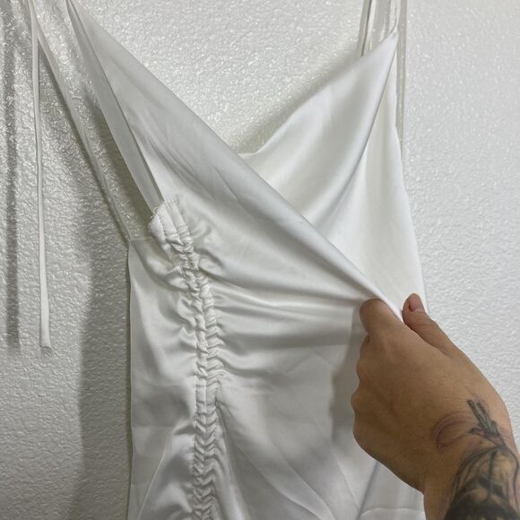 LEAU Dress Womens Small White Satin Cowl Neck Ruched Drawstring Slip Tie Straps - Picture 9 of 16